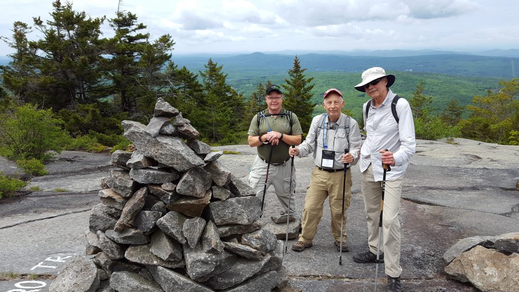 Monadnock-020-2018-06-07 Bruce, Mike & Bill on Marlboro Trail Summit Hike - trail junction & cairn